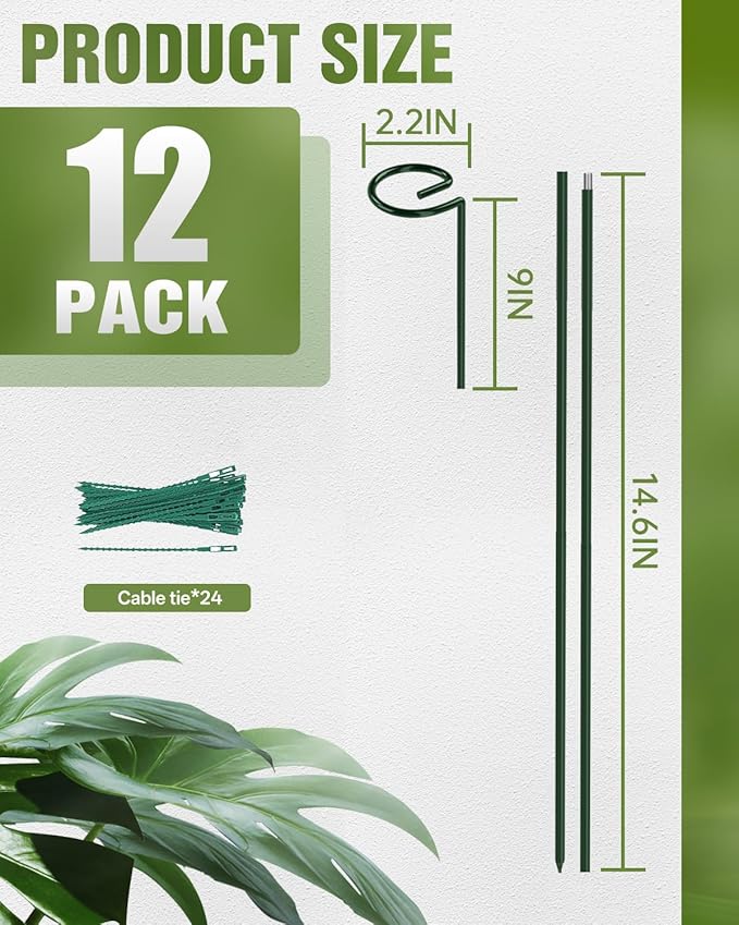 Joyhalo 12 Pack Plant Stakes, Adustable 36 Inch Plant Support Stakes, Flower Stakes with 24 Twist Ties, Garden Sticks for Plants Hibiscus, Sunflower, Red Hot Poker, Hydrangea, Tomato, Sapling Etc