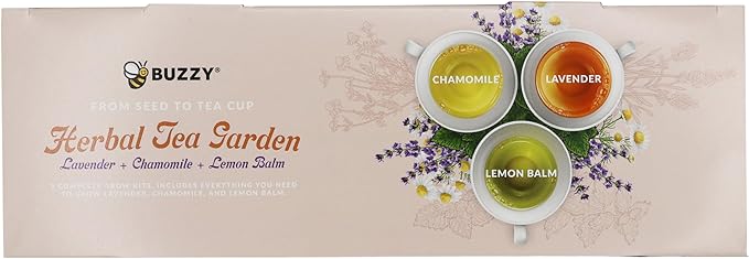 BUZZY Seeds Herbal Tea Garden Grow Kit – 3 Square Tin Planters with Lavender, Chamomile & Lemon Balm Seeds, Easy Indoor Herb Starter, Relaxing Gardening Gift Set