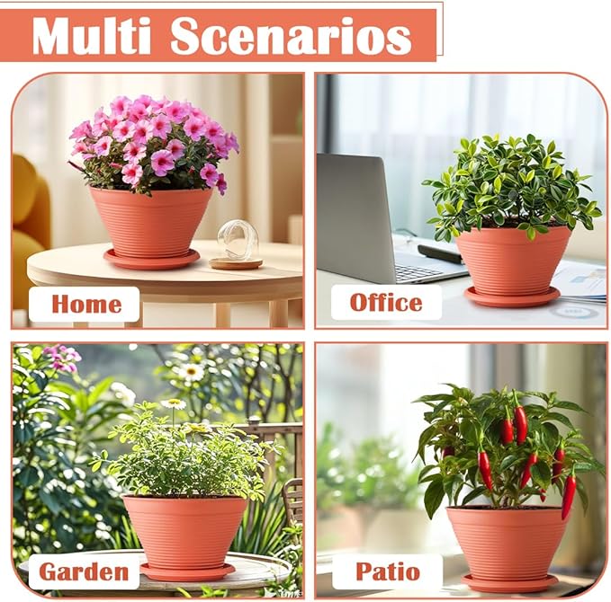 RooTrimmer 8 Pack 8 Inch Plant Pots with Saucers, Plastic Flower Pots with Drainage Holes, Large Planters for Indoor Outdoor Garden, House Plants, Flowers, Herbs, Gardening Gifts, Pottery Red