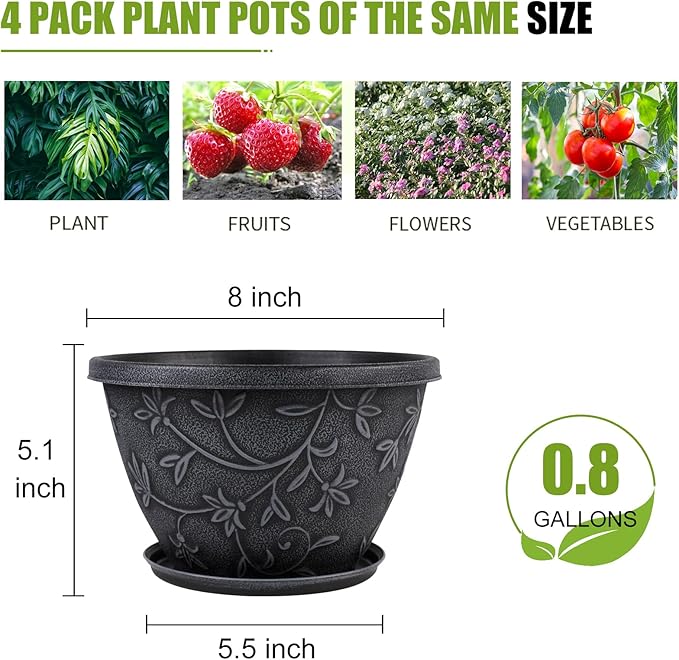 Nooulap 4 Pack 8 Inch Flower Pots for Outdoor Indoor, Plastic Plant Pots with Drainage Hole & Saucer, Lightweight Small Resin Flower Pot, Imitation Magnolia Pots for Garden House planters（Gray）
