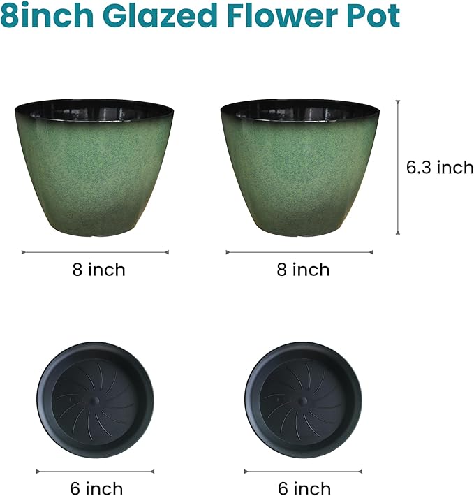 Vanslogreen 2 Pack Plant Pots for Indoor Outdoor Plants, 8 inch Plastic Flower Pots, Glazed Planter for Aloe, Herbs, Cactus (Green, 2pcs)