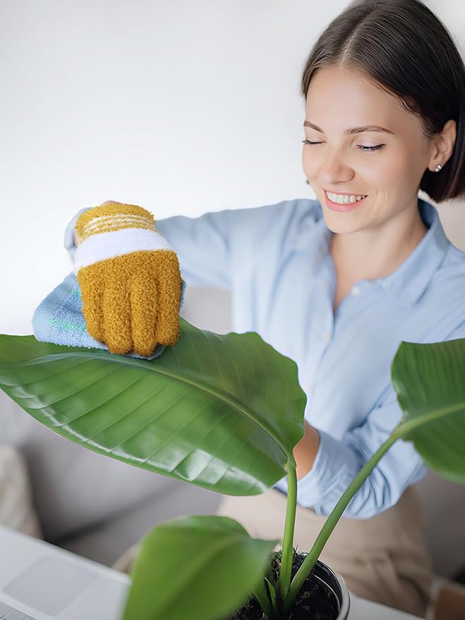 Patelai 3 Pairs Microfiber Plant Dusting Gloves Leaf Cleaning Gloves for Indoor Plants, Blinds, Furniture, House (Red,Green,Yellow,Large)