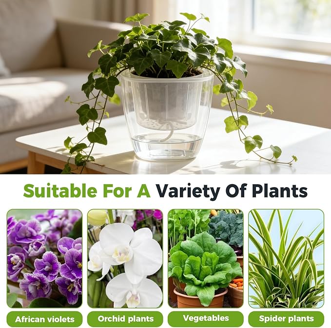 3-Pack Clear Self Watering Planters for Indoor Plants 7" Large African Violet Plant Pots Plastic Wick Flower Pots with Water Injection Hole, Orchid Plant Pot Set, Clear