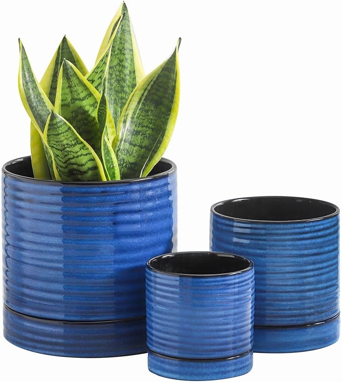 HASENSE 3 Piece Ceramic Plant Pots, 8/6/4.6 Inch, Indoor Pot for Plants with Drainage Holes and Saucer, Modern Flower Planter for Home Office, Blue