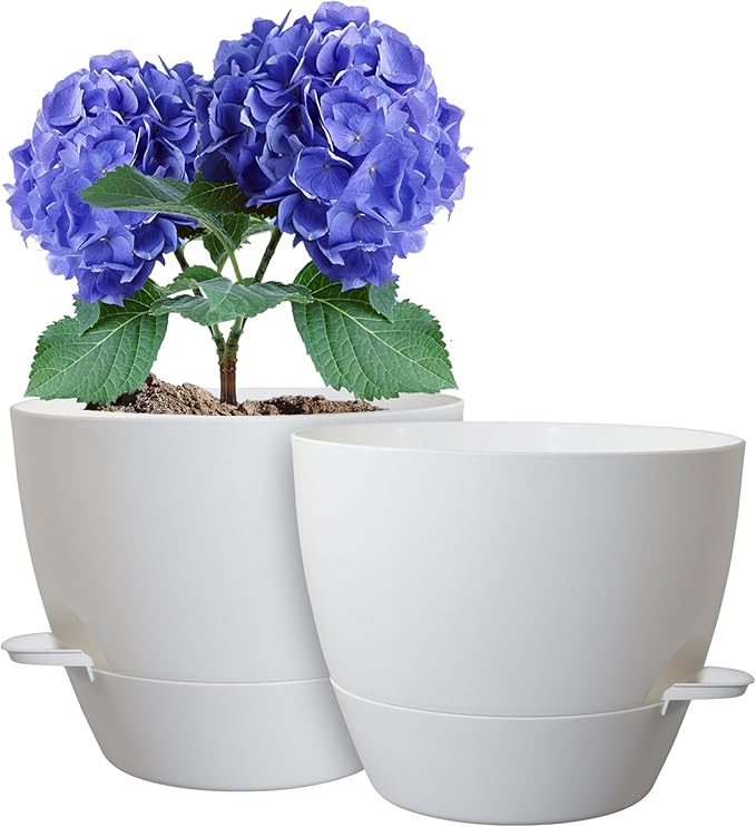 WSMKSZ 8 inch Self Watering Pots, Planter, Plant Pots with Mesh Drainage Holes for Indoor Outdoor House Plants and Garden, 2 Pack Plastic Flower Pots with Deep Reservoir for Patio Porch, White