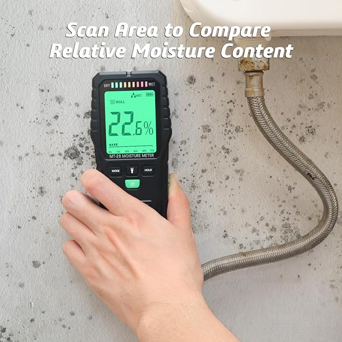 Pinless Moisture Meter for Walls, Wood, Non-Invasive Moisture Detector with Deep Scan, Digital LCD Display – Wall Moisture Tester for Water Damage, Home Inspections, Renovation