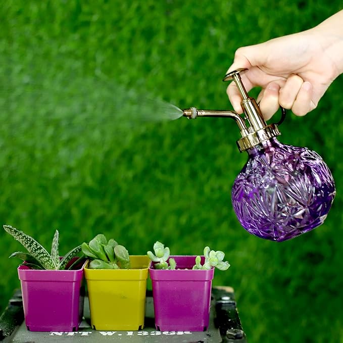 Hniuyun Glass Plant Mister Spray Bottle, 6.5inch Tall Vintage Round Spritzer with Bronze Plastic Top Pump for Watering Your Garden (Purple)
