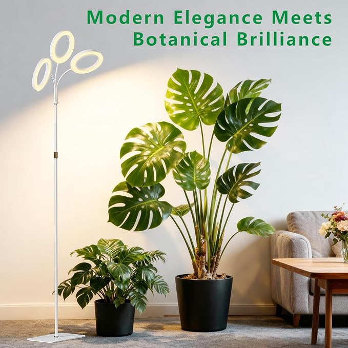 SDOVUERC Full Spectrum Grow Light with Stand for Indoor Plants, Floor Plant Light, 6/12/18H Timer, 3 Color Modes, Adjustable Height 16.5–68in, for Large Plants & Home Décor(Tri-Head,White)