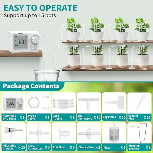 Automatic Watering System for 15 Potted Plants, Automatic DripIrrigation Kit with Adjustable Water Flow, Programmable Water Timer with Dual Power Supply, for Balcony/Garden/Greenhouse Plants