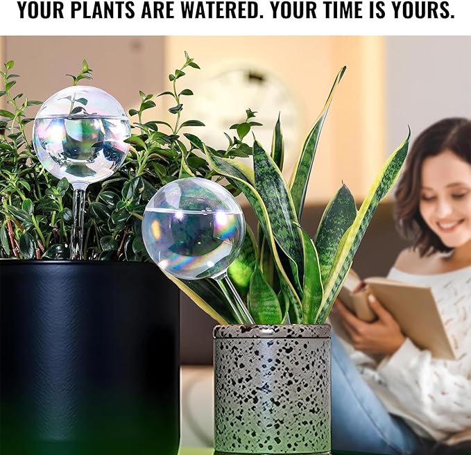 20oz Glass Watering Globes for Plants, 4 Pack Iridescent Self-Watering Bulbs, Top-Fill Opening with Rubber Stopper, Angle-Control Slow Drip, Includes Soil Starter Stick, Indoor Outdoor Vacation Care