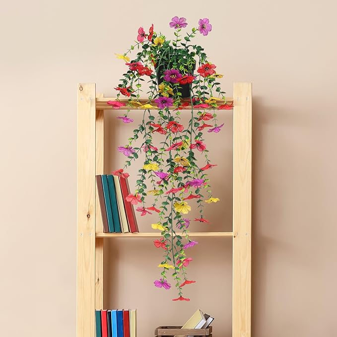 FAVOWREATH Fake Plants Hanging Artificial Potted Faux Eucalyptus Plants and Flowers for Modern Boho Farmhouse Bathroom Office Desk Wall Book Shelf Living Room Aesthetic Decor Indoor (Colorful)