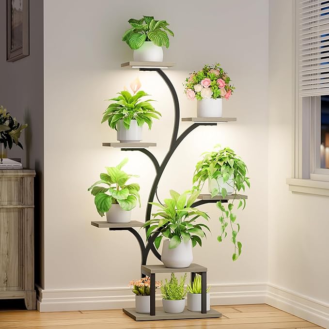 BACEKOLL Plant Stand Indoor with Grow Lights, 7 Tiered Indoor Plant Shelf, 49" Corner Plant Stands for Indoor Plants, Metal Plant Flower Display Shelf, Tree-Shaped Plant Rack for Home, Patio, Grey