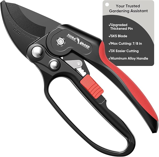 FLORA GUARD Ratchet Pruning Shears for Easy Cutting, Heavy Duty Garden Clippers for Thick Branches, 3-Step Ratcheting Hand Pruners for Weak Hands, Seniors & Gardening