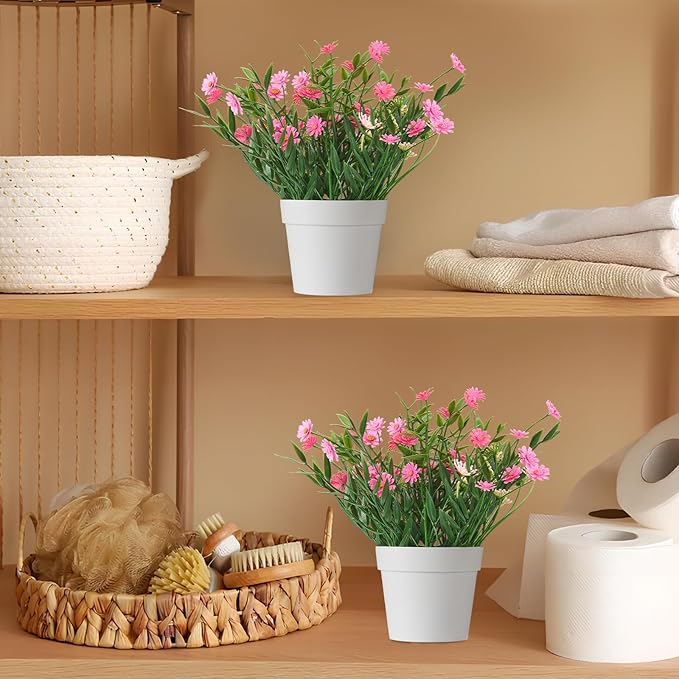 Fake Plants Daisy for Bathroom Decor, Small Potted Artificial Plants Indoor for Shelf Desk Home Bathroom Farmhouse Room Coffee Table Decor, Pink