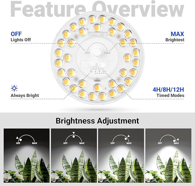 Barrina Orbgrow OG11A Grow Light Bulbs for Indoor Plants, Integrated Dimming & Timing, 5000K 44W(4 x 11W, 400 Watt Equiv), E26 Plant Light Bulb, Full Spectrum for Seeds and Greens, 4 Packs, White