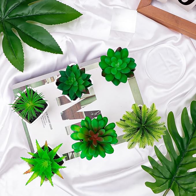 6pcs Mini Succulents Plants Artificial Indoor Decor Fake Succulent in Pots Small Faux Plastic Plant Greenery Modern Ornament for Office Desk Home Bedroom Windowsill Decoration