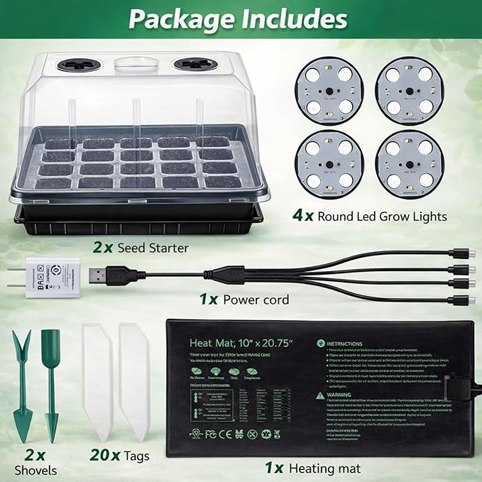 2 Sets 40 Cell Seed Starter Tray with Grow Lights and Heat Mat, Seed Starter Kit with 5.9” Humidity Dome and Vents, Indoor Plant Germination Trays, Seedling Startering Trays for Faster Germination