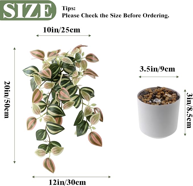 Fake Plants Indoor Artificial Hanging Plants with Pot, Potted Silk Greenery Faux Watermelon Peperomia Ivy Draping Plant for Home Office Desk Living Room Bedroom Wall Shelf Decor (Green, Light Pink)