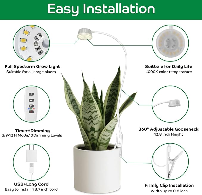 Grow Lights for Indoor Plants, Mini Plant Light, Full Spectrum Clip on Small Grow Lights for Indoor Growing, 10 Dimmable Auto On Off 3 9 12 Hrs Timer for Office Home