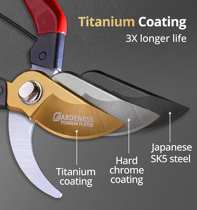 Gardeness Titanium Pruning Shears, Lightweight SK5 Bypass Garden Secateurs – Easy-Grip Hand Pruners for Women, Roses, Bonsai, Trimming & Everyday Gardening, Floral & Yard Work, Arthritis Friendly