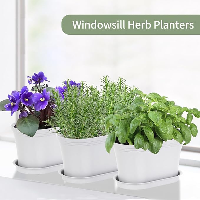 Oliz Windowsill Garden Pots, White Plastic Flower Pots with Drainage Tray for Herb, Succulents, African Violet (Pack of 6)