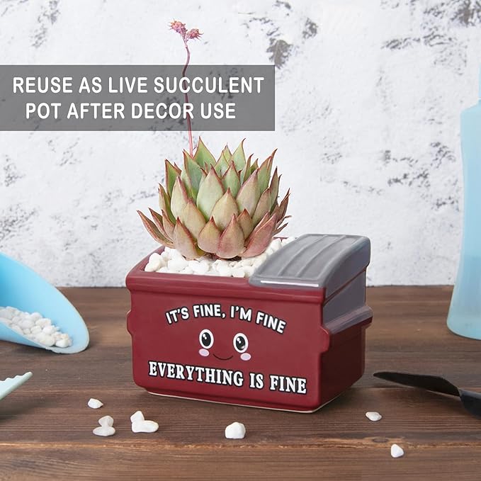 Dumpster Fire Fake Plants in Ceramic Succulent Pots Desk Decor, Emotional Support Positive Thinking Office Desk Accessories, Motivational Gifts for Women, Men, Coworkers