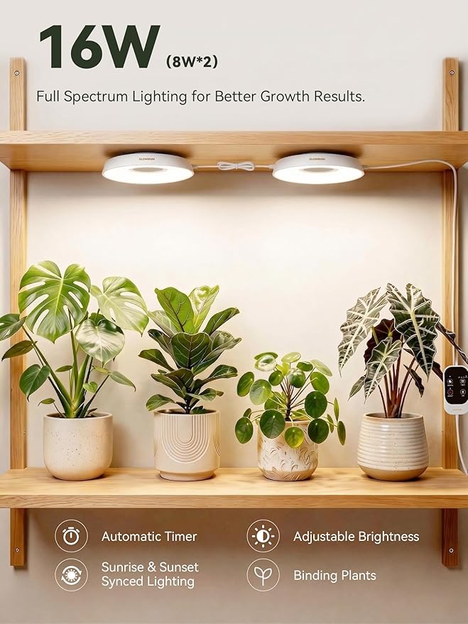 GLOWRIUM Grow Lights for Indoor Plants, Full Spectrum Puck Grow Light with Manual & APP Control, 16W(2 x 8W) Plant Lamp Auto-Timer, Plant Assistant 10 Levels Dimmable for Plant Shelf (2 Packs,White)