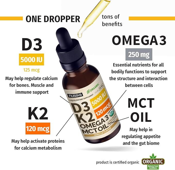 NUSAVA (4 Pack) Organic Vitamin D3 K2 Drops with MCT Oil Omega 3, 5000 IU, Maximum Strength Vitamin D Liquid - No Fillers, Non-GMO Liquid D3 for Faster Absorption & Immune Support (Vanilla, 4 Fl Oz)