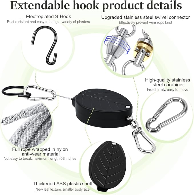 2026New 2Pcs Retractable Plant Hanger with Leaf Texture,44Lbs Load Capacity,Auto Lock,Adjustable Hook for Hanging Plants,Bird Feed,Wind Chimes,Garden Pots,Rust-Proof Stainless Steel,Black