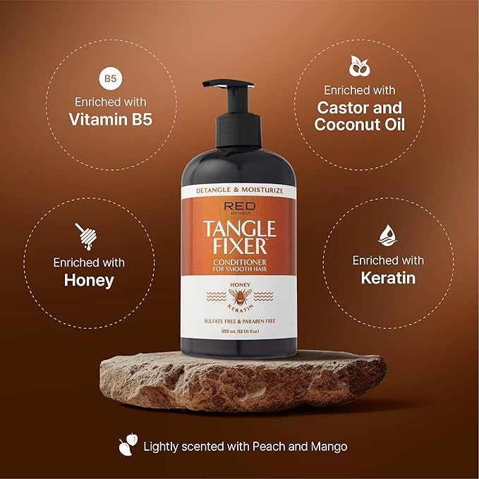 Red by Kiss Tangle Fixer with Honey & Keratin, Sulfate-Free Detangling Conditioner for Shine & Frizz Protection, Mango & Peach Scent