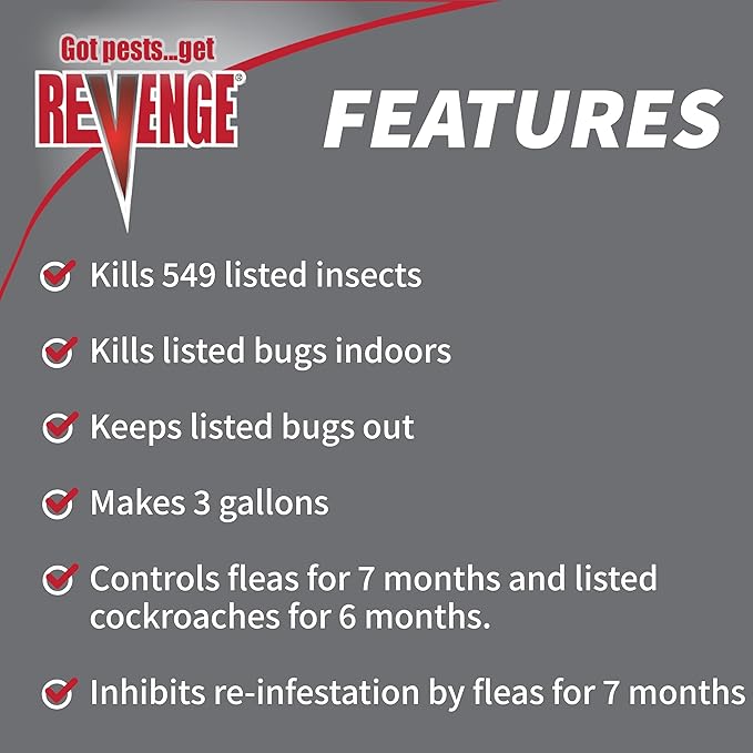 Revenge Home Pest Control, 18 oz Concentrate, Long Lasting Protection Kills 500+ Listed Insects, for Indoors and Outdoors