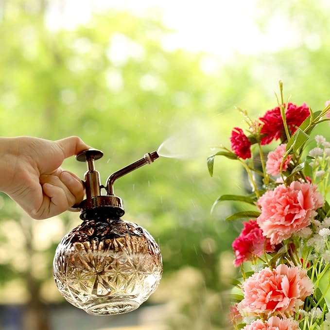 Hniuyun Glass Plant Mister Spray Bottle, 6.5inch Tall Vintage Round Spritzer with Bronze Plastic Top Pump for Watering Your Garden (Brownish White Gradient)