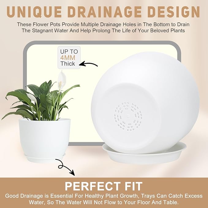 YNNICO Plant Pots 10/9/8/7.5/7 inch Flower Pots with Multi Mesh Drainage Holes, Planters for Indoor Outdoor Garden Plants and Flowers. (White)