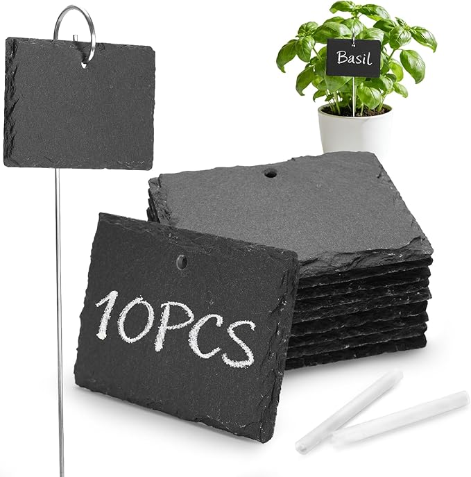 KINGLAKE Large Slate Plant Labels - 10 Pcs Slate Garden Plant Labels Tags with Metal Stakes and Chalk Pencils Tall Garden Plants Markers Signs for Outdoor Plants Vegetables Herb Flower Bed Pots