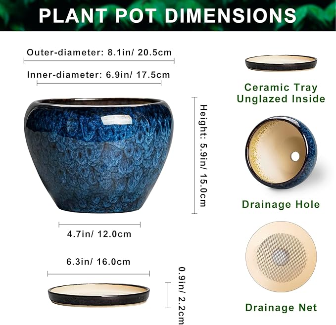 8 Inch Plant Pot - Ceramic Planter for Indoor Plants Outdoor, Round Planter with Drainage Hole and Saucer, Modern Decorative Flower Pots, Home Office Room Decor, Plant Lovers Gifts, Blue