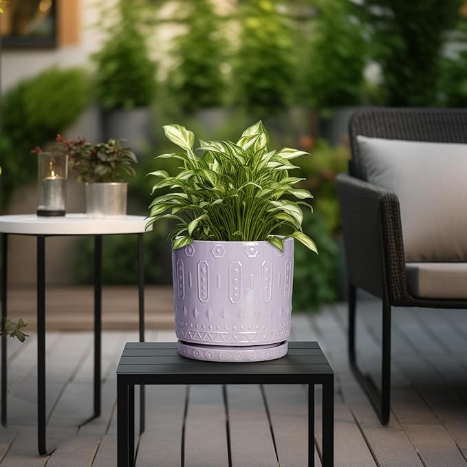 Eightpot Ceramic Flower Pots, 8 Inch Plant Pots Indoor Outdoor, Round Planter with Drainage Hole and Tray, Boho Planter, Decorative Pot for Plants, Apartment Decor, House Warming Gifts, Purple