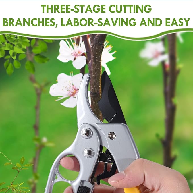 MEPEREZ Garden clippers, premium Germany pruners, Work 3 times easier, professional ratchet pruning shears, cutting rose, flower, hedge, stem, tree, Sharp gardening scissors, Arthritis weak hand snips