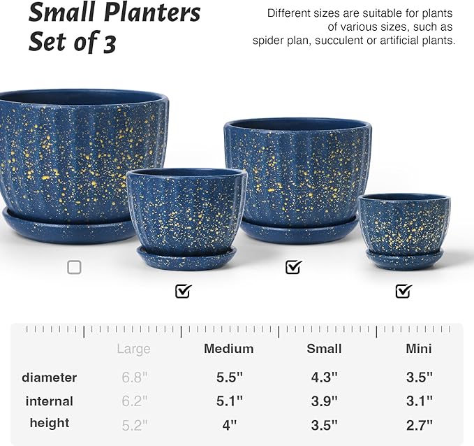 STHIE Ceramic Plant Pots with Drainage Holes and Saucers, Round Blue Flower Pots for Indoor Plant, Diameter 3.3/4.3/5.5 Inches Small Mini Flower Planters Set of 3