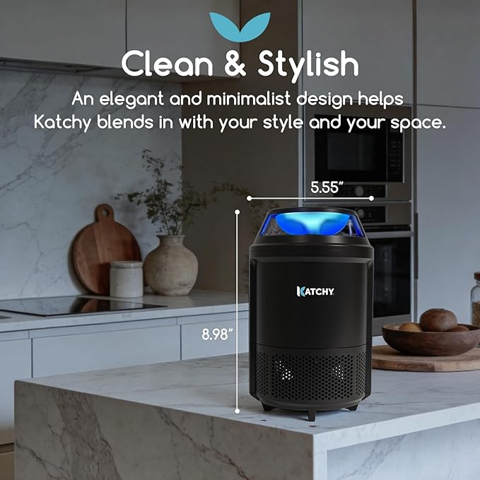 Katchy Indoor Flying Insect Trap – Catcher & Killer for Mosquitoes, Fruit Flies, Gnats & Moths – Non-Zapper with Suction & Blue Light – Ideal for Indoor Spaces, Kitchens & Plants (Original, Black)