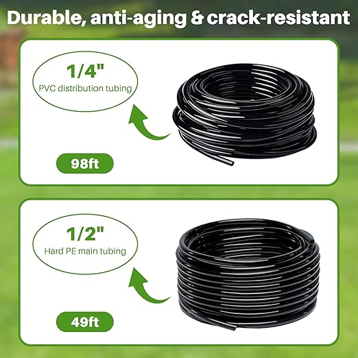 Drip Irrigation System, Automatic Garden Watering Kit, Quick-Connect Watering Misting Drip Irrigation System for Greenhouses,Yards,Lawns,Raised Beds,with 98ft 1/4''& 49ft 1/2" Tubing and Accessories