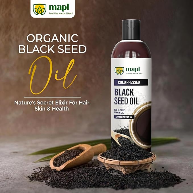 Mapl Organic Black Seed Oil Cold-Pressed from Nigella Sativa – Pure Unrefined Black Cumin Seed Oil Non-GMO & Vegan, Rich in Omega 3 6 9 for Hair Growth, Skin Care & Immune Support – 6.76 Fl Oz (200ml)