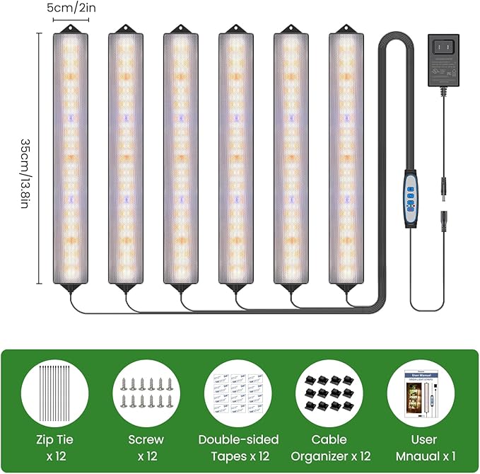 Wolezek Grow Light Strips for Indoor Plants, 630 LEDs Full Spectrum Plant Light for Indoor Growing with 6/12/16H Auto Timer, Grow Lamp Bar for Seedling Succulent, 13.8 Inches, 6 Pack