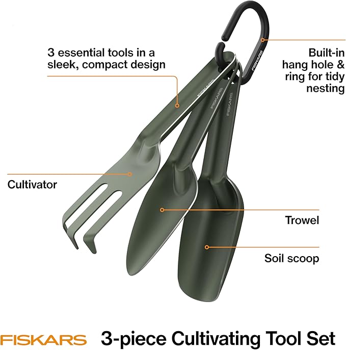 Fiskars 3-Piece Plant Cultivating Tool Set, Nesting Trowel, Soil Scoop & Cultivator for Indoor Gardening, Stainless Steel with Green Powder Coat Finish, Space Saving Design for Repotting Houseplants