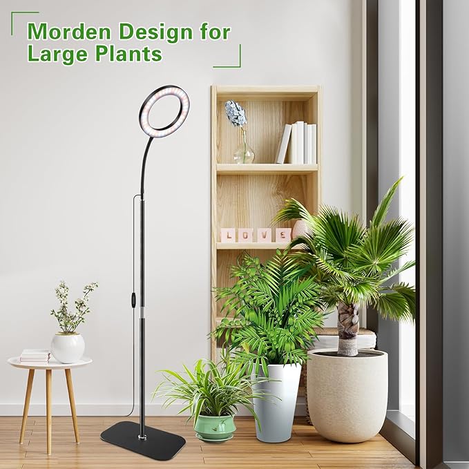 SDOVUERC Full Spectrum Grow Light with Stand for Indoor Plants, Floor Plant Light, 3/9/12H Timer, 3 Color Modes, Adjustable Height 16.5–67in, for Large Plants & Home Décor(1 Head)