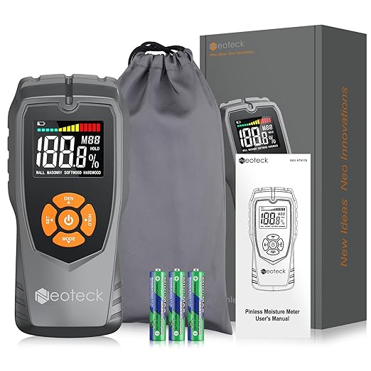 Neoteck Pinless Moisture Meter - Non-Destructive Wood & Masonry Moisture Detector with LCD Display & Sound Alarm for Walls, Drywall, Plaster, Floor, Concrete