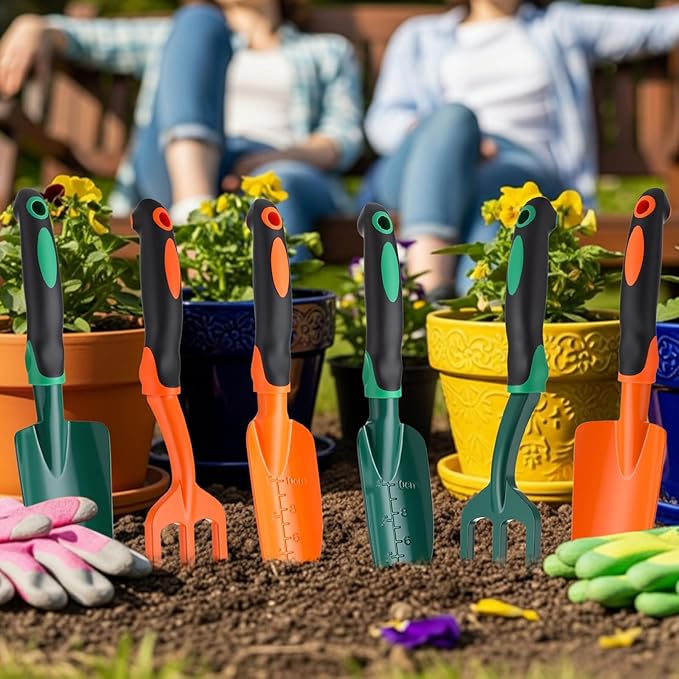 Yaocom 6 Pcs Colorful Garden Tools Set Heavy Duty Gardening Tools Set Include Garden Shovel Transplant Trowel and Hand Rake with Ergonomic Handle Aluminum Alloy Lawn for Planting Gifts Men Women