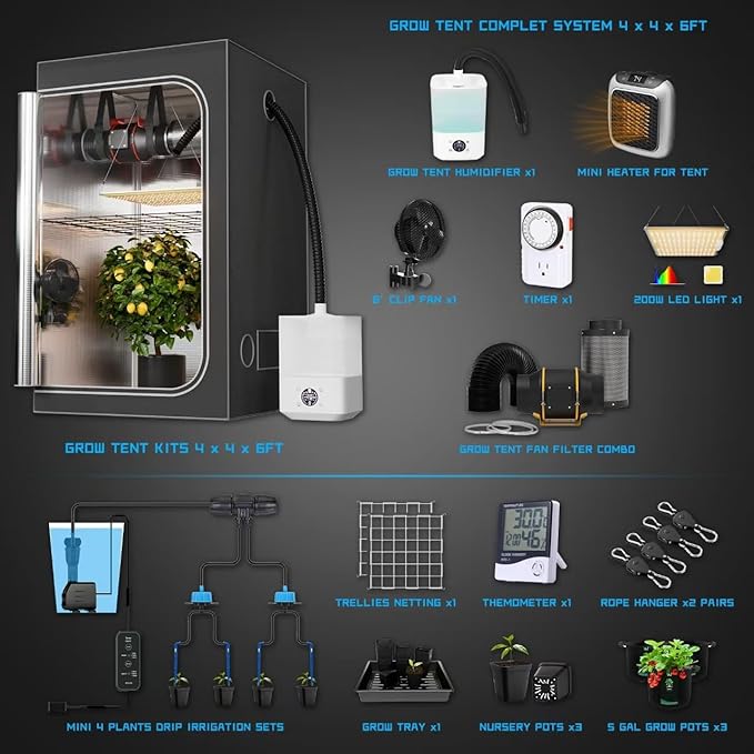 4X4 Grow Tents Kit Complete, 25 Enhance Large Grow Tents Complete System for Indoor Plants,Tent+LED Light+Fan Filter Sets+Clip Fan+HUMIDIFER+Heater+DRIP Sets (48X48X72 Grow Tent KIT)