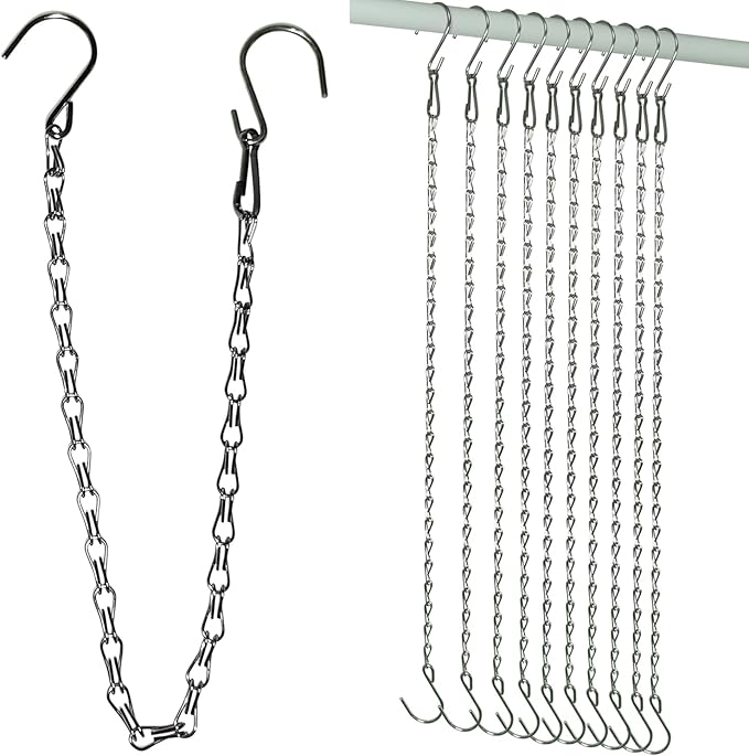 10 Pack SIL Storagehook Silver Hanging Chains with Hooks, Grow Lights Chain adjusable fit bird feeders for outdoors, Plant hanger indoor, Hanging Planter, Wind Chime, Pendant light, Christmas wreath