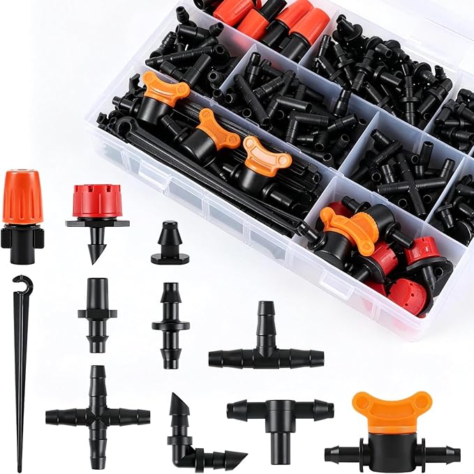 RedChili 240 Pack Drip Irrigation Fittings Kit for 1/4" Tubing, Include Misting Nozzles, Drippers, Stakes, Flat Tees, Single Barbs, Couplers, Valves, Tees, Elbows, Plugs, Crosses for Garden Irrigation