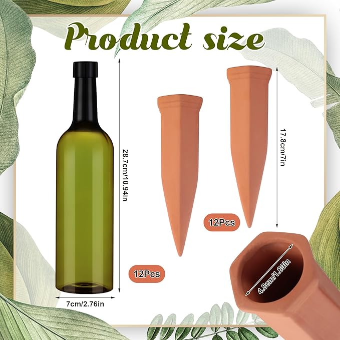 SiliFine 12 Sets Plant Watering Devices Include Terracotta Self Watering Spikes and 26 oz Plastic Bottles, Slow Release Vacation Insert Automatic Plant Waterer Device (Grass Green and Terracotta)